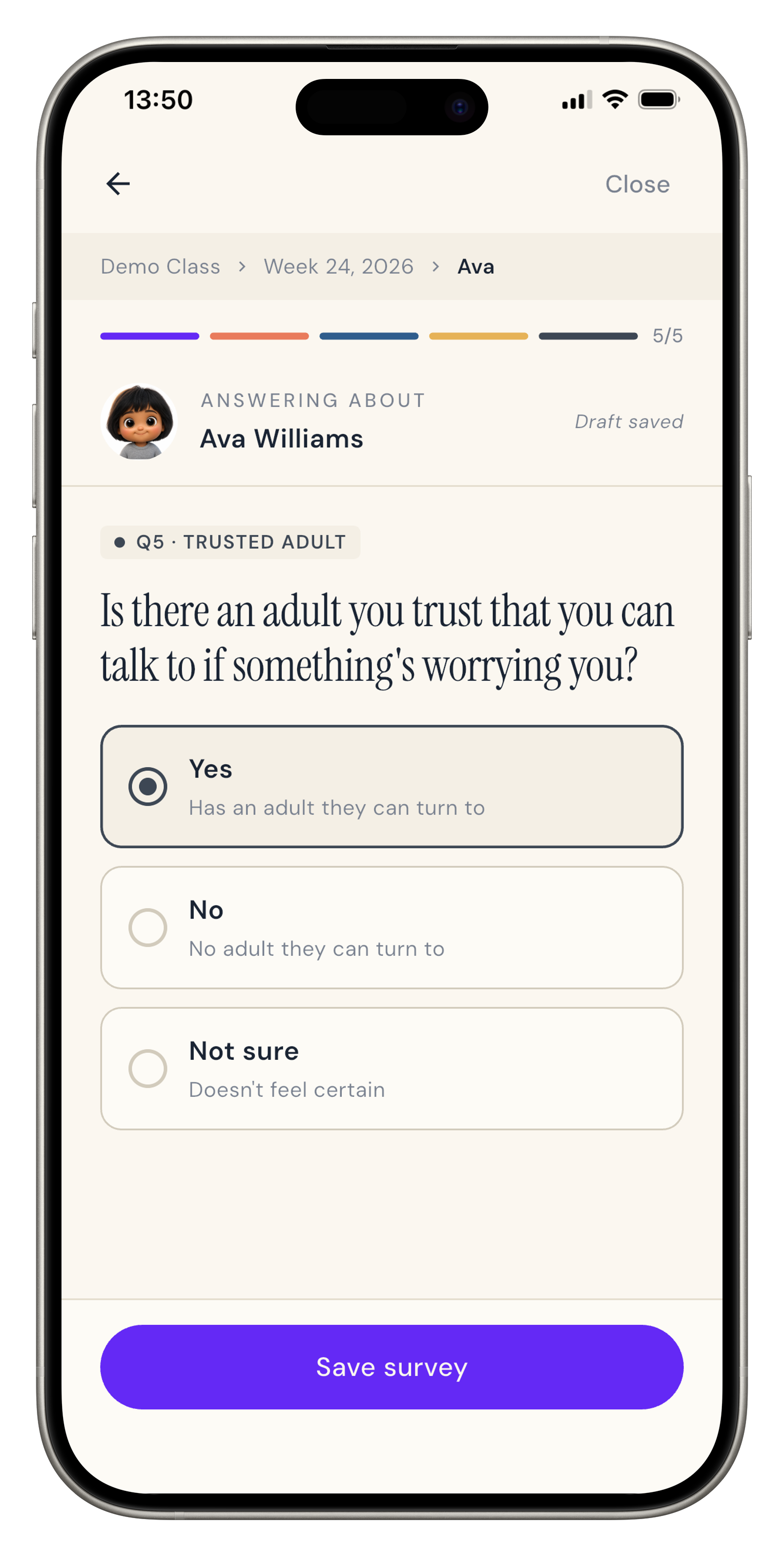 Kinnections Conversation trusted adult question screen